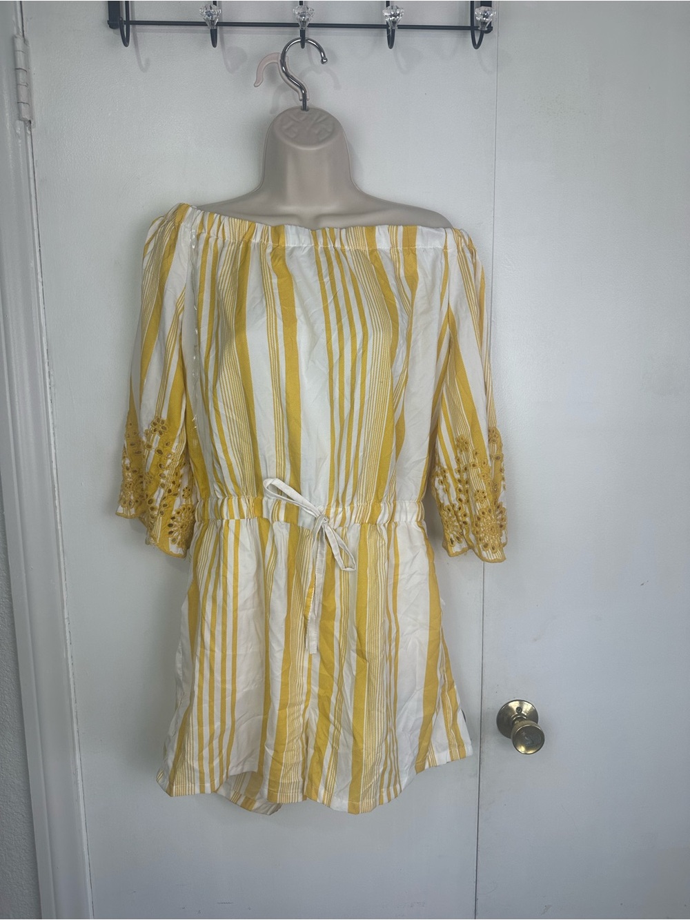 Women’s Off-Shoulder Yellow & White Striped Dress with Embroidered Sleeves